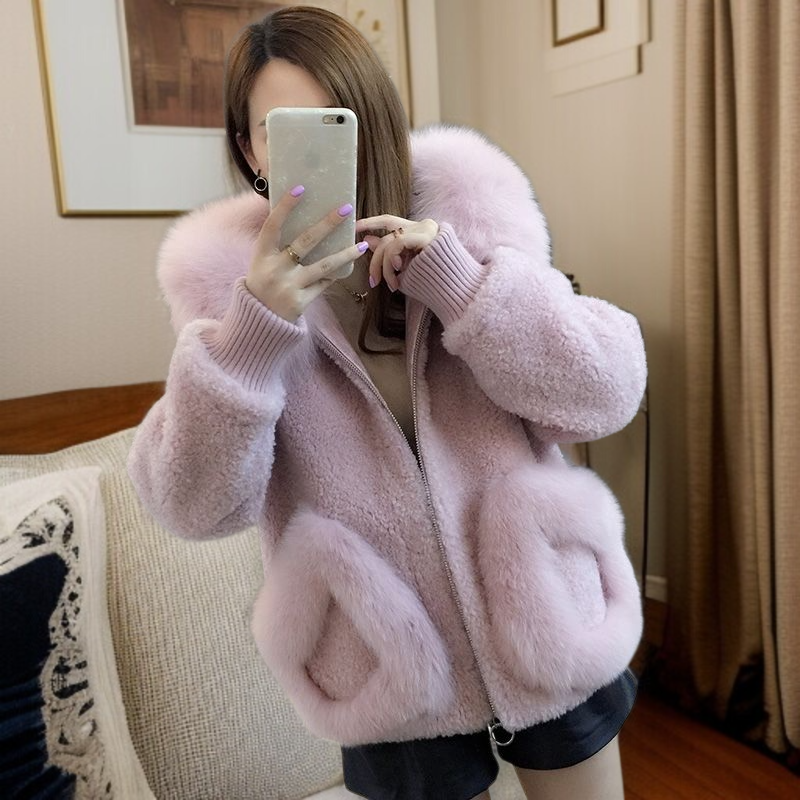 추동 모조 여우털 칼라 양털 트리밍 밍크 코트 여 추동 한국판 후드 숏 울 코트