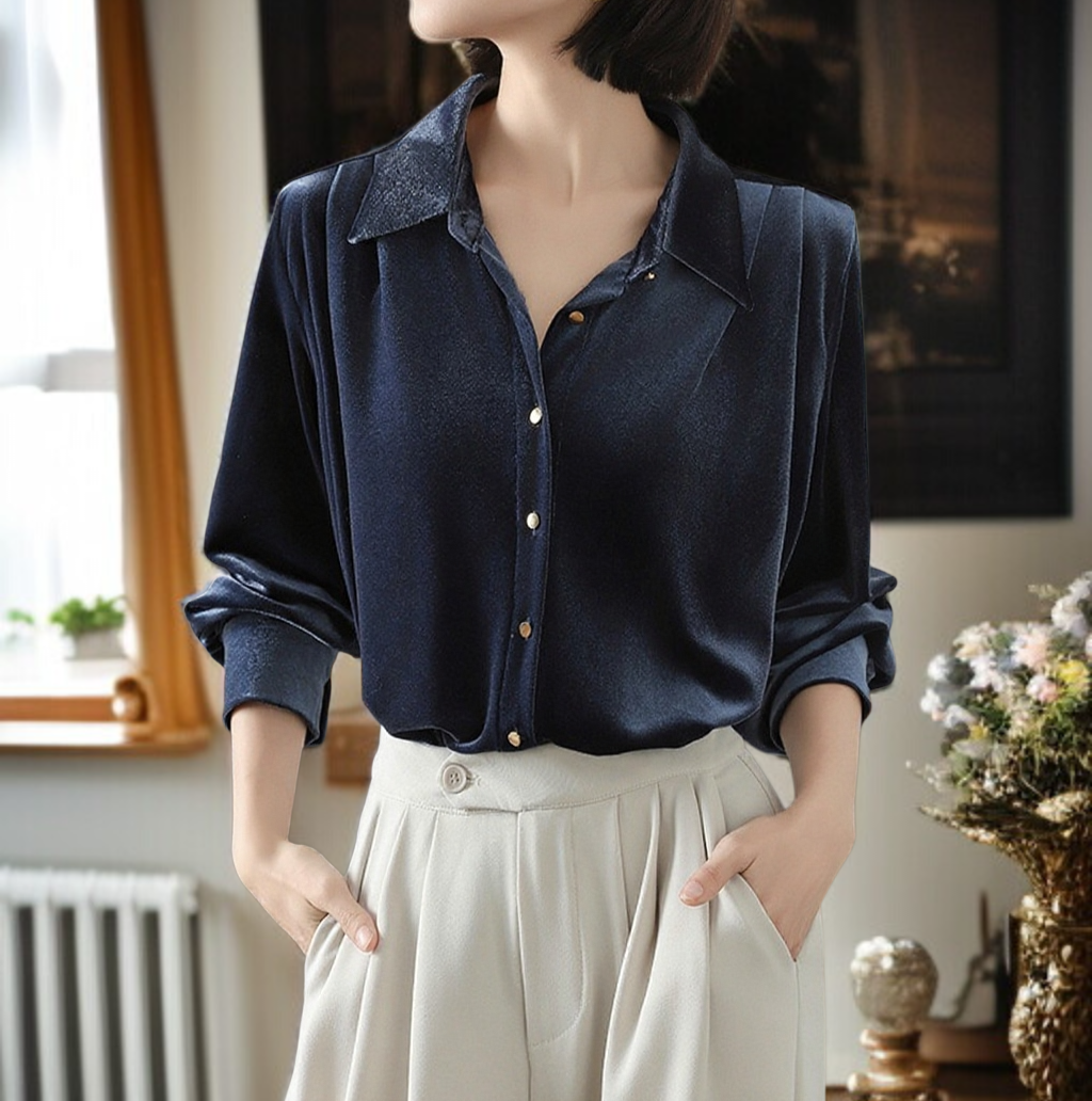 여성 프렌치 벨벳 네이비 긴팔 셔츠 전체 이미지