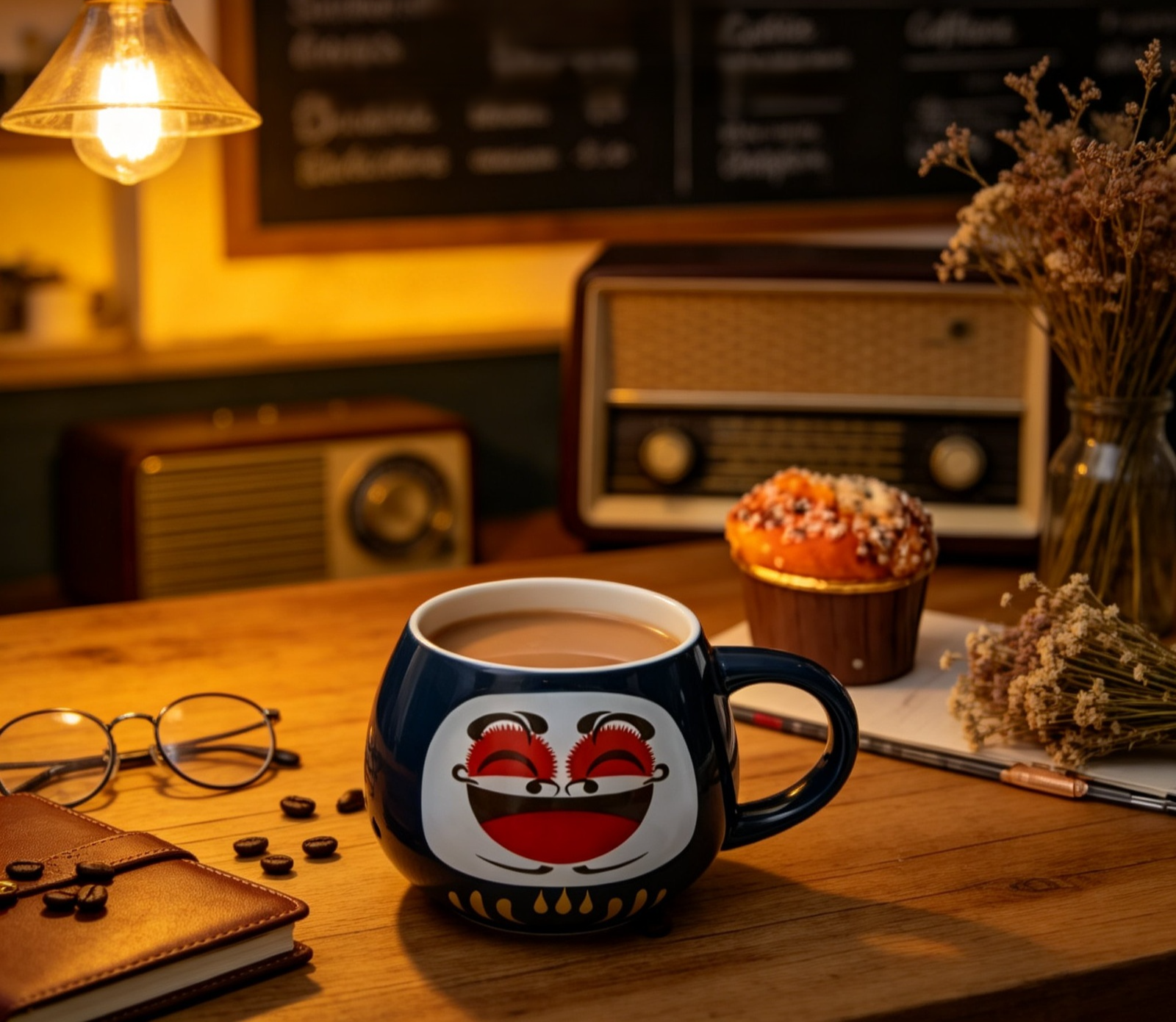 Close-up of face-painted ceramic mug