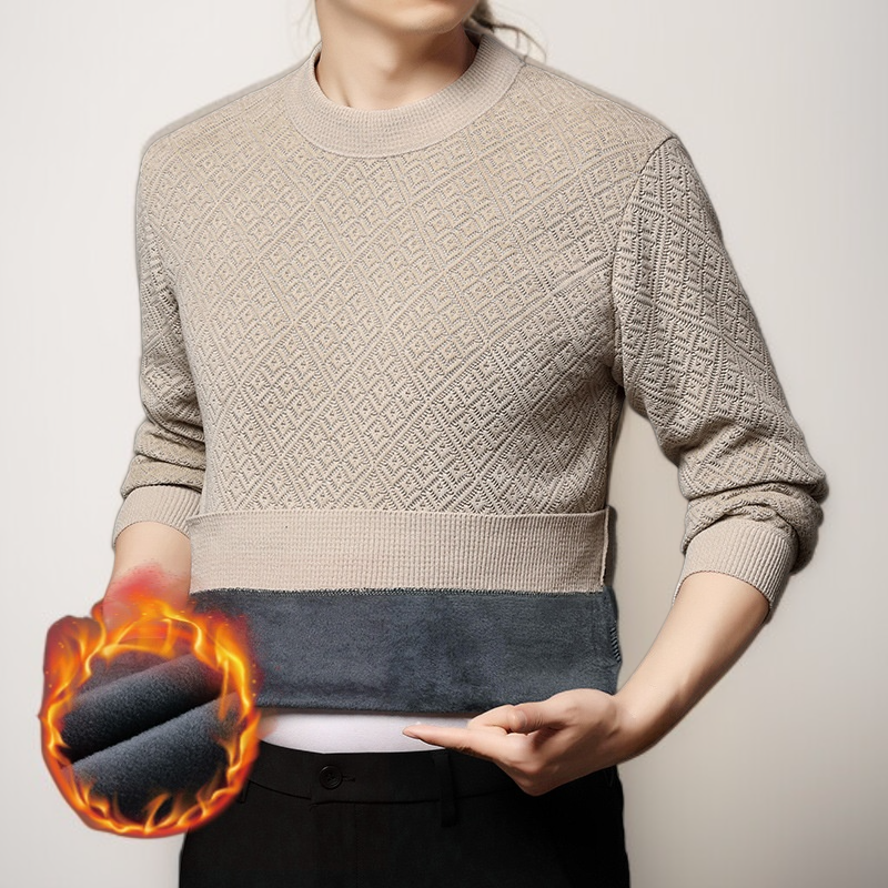 フリース裏地のクルーネックシェニールセーター