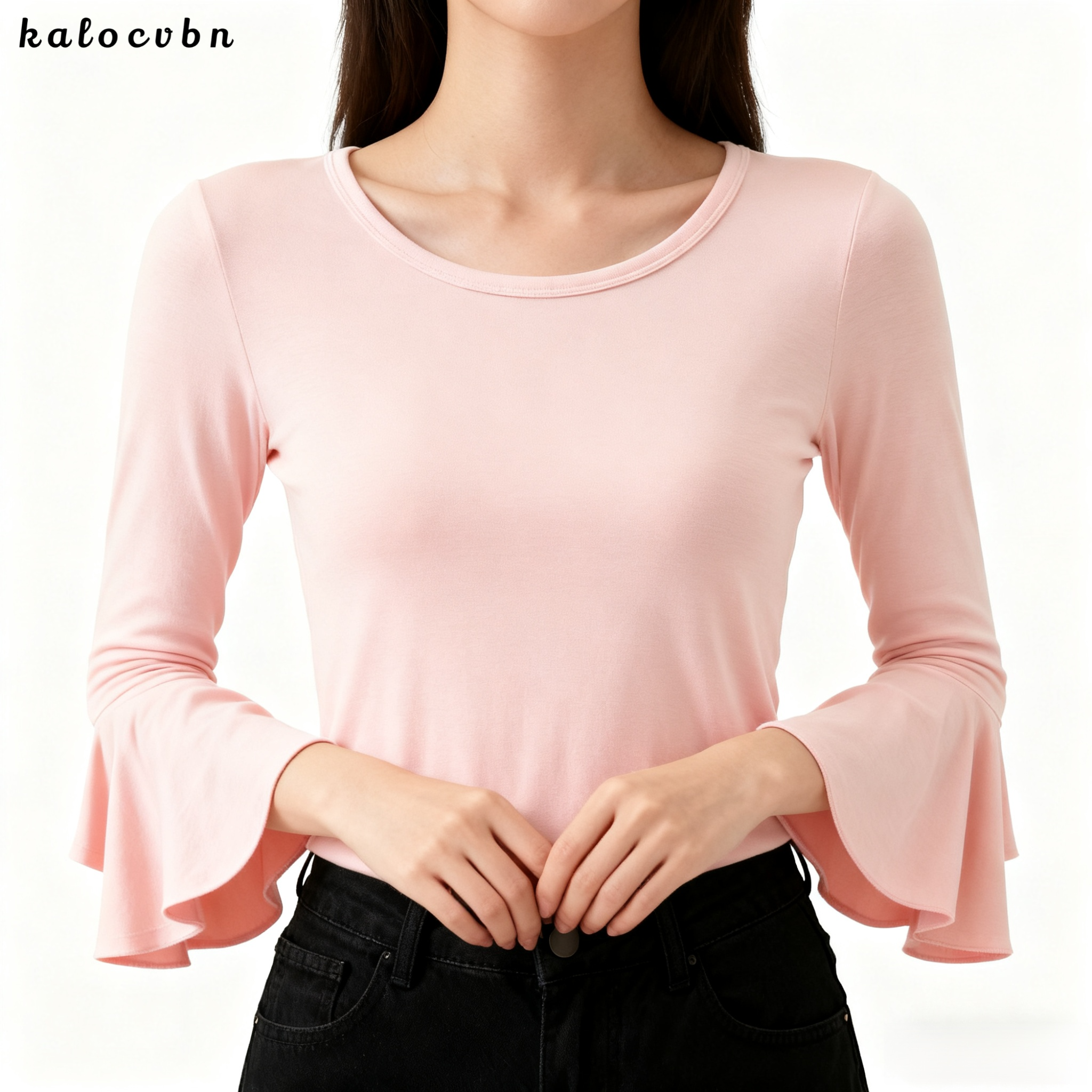 라운드넥 벨 슬리브 핏 탑 전체 이미지