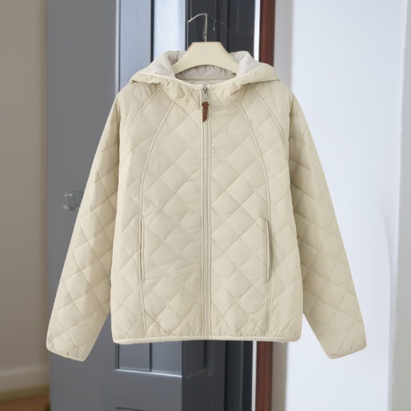 Front view of fashionable lightweight winter hooded cotton jacket for women 2025