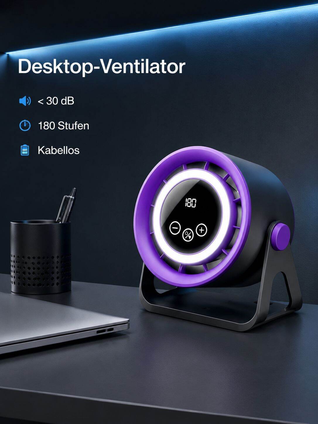 Tischventilator mit Digitalanzeige, leise, starke Windkraft, mit Beleuchtung