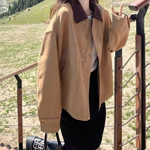 Women's Autumn Candy Color Suede Short Vintage Button Collar Jacket