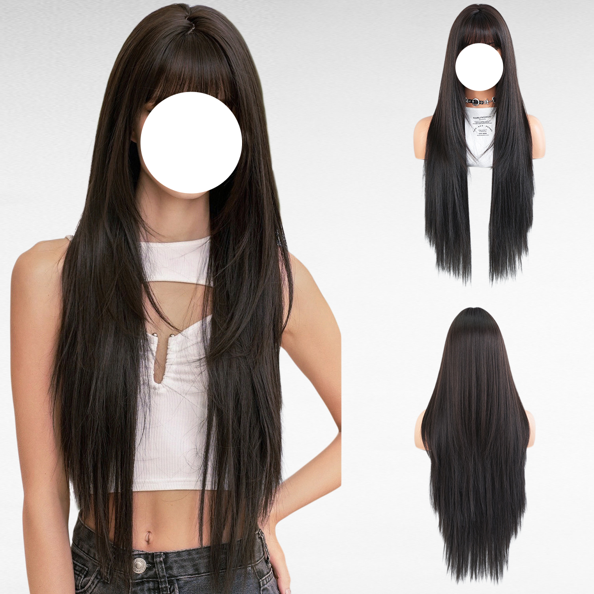 여성용 패션 긴 흑색 레이어드 풀위그, 둥근 얼굴용