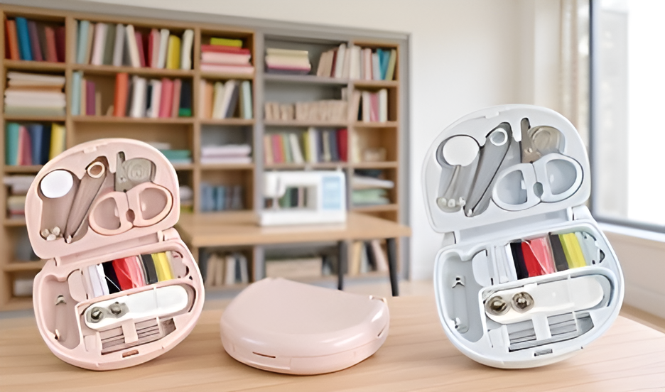 가위, 실, 바늘 등 필수 재봉 도구 모음