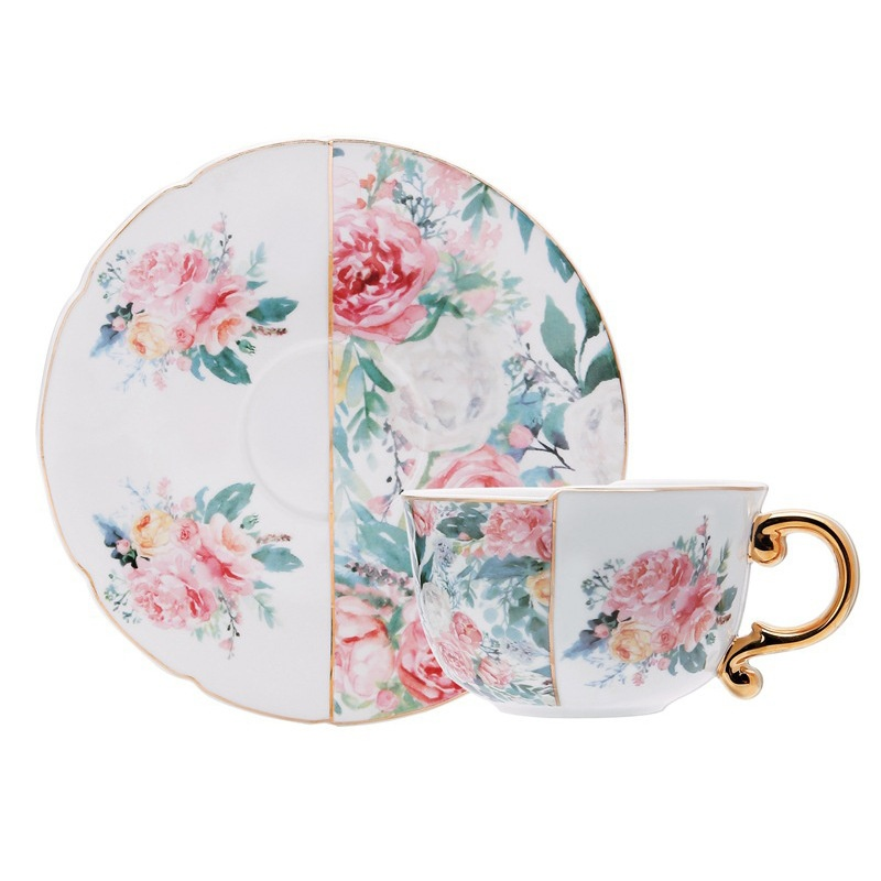 ヨーロピアン金彩ブルー＆ホワイトレトロ高級陶器コーヒーカップ＆ソーサーセット