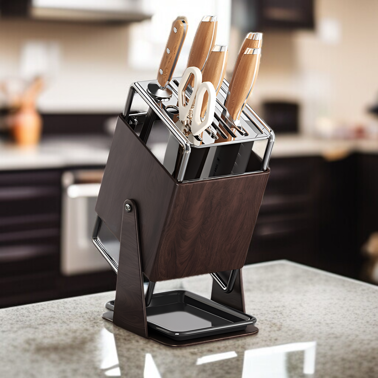 キッチンカウンタートップ回転式ナイフラックオープン家庭用収納ラック水トレイ付き新スタイル収納キッチンナイフラック