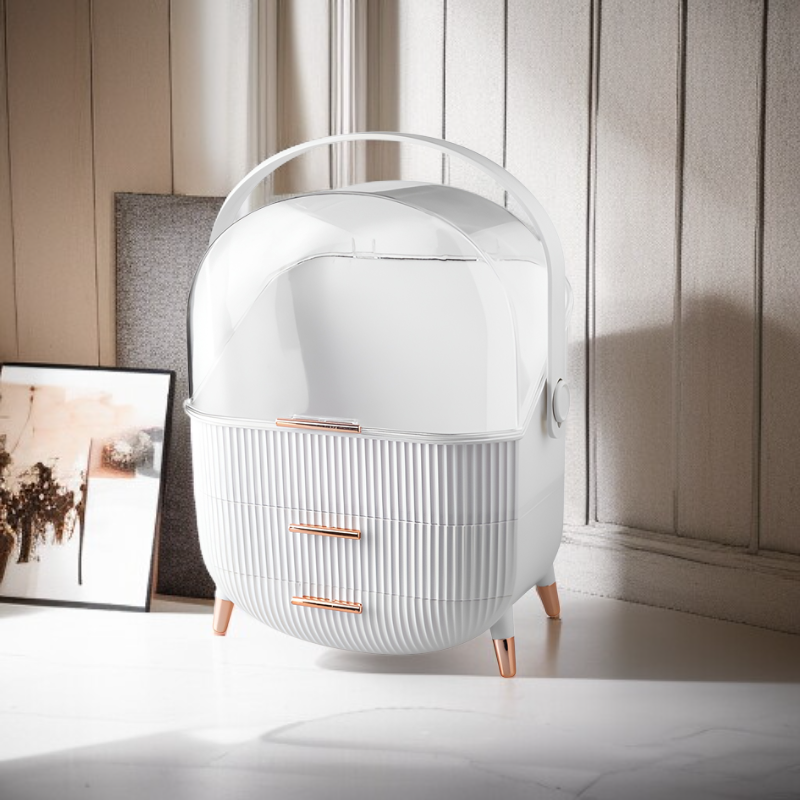 Spacious cosmetic storage box holding skincare and beauty products