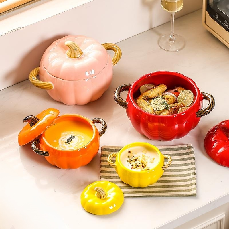 Large Ceramic Pumpkin Soup Bowl with Lid and Double Handles, Anti-scalding for Home Use