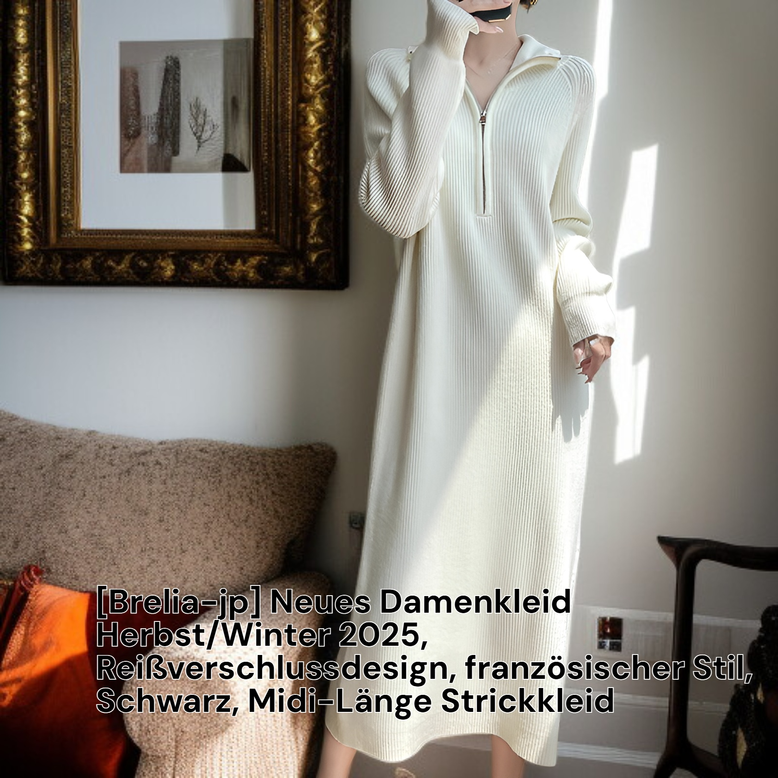 Brelia-jp】2025 Herbst/Winter Damen Strickkleid, Französisch, Schwarz, Midikleid mit Reißverschluss