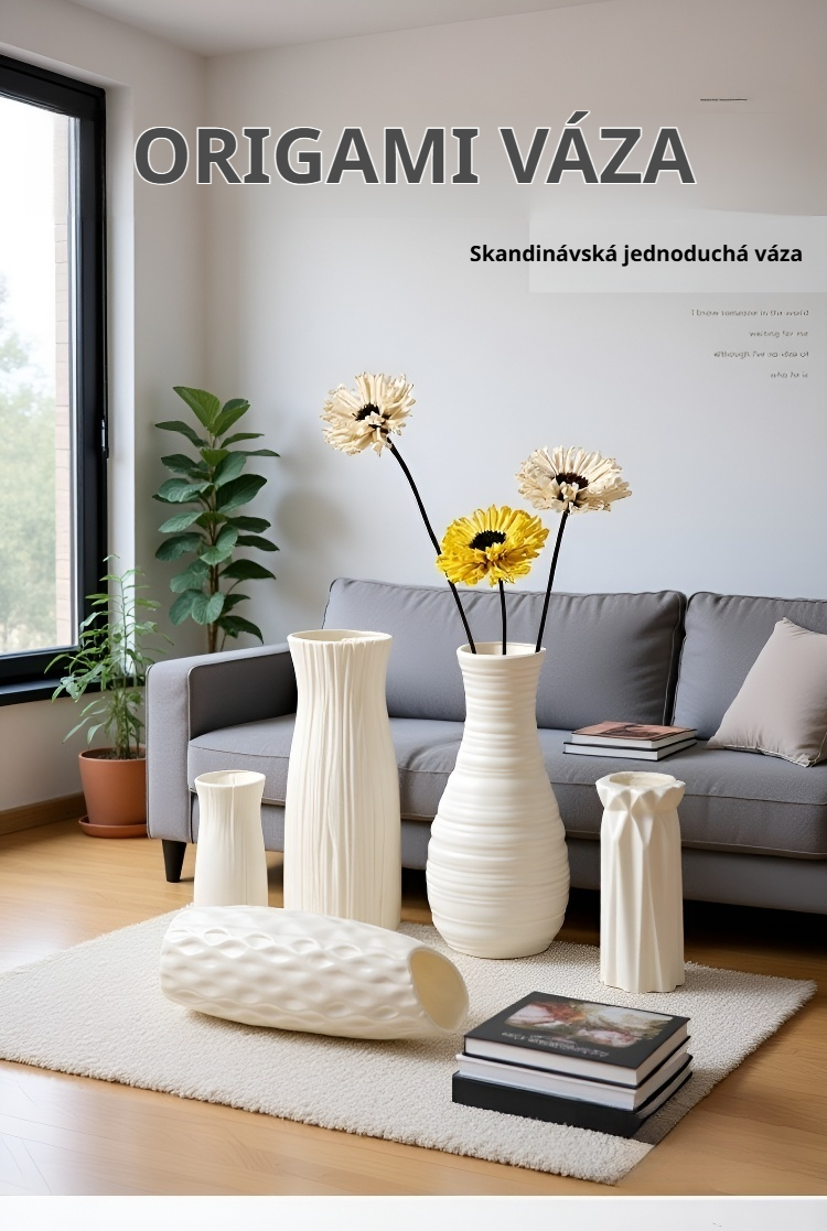 Jednoduchá nordická váza z plastu na stole v obýváku