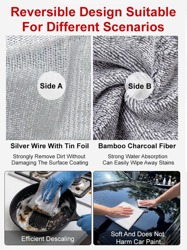 【Powerful Stain Removal】Double-Sided Silver Fiber Bamboo Charcoal Cleaning Cloth