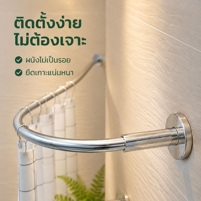 ราวม่านห้องน้ำสแตนเลสไม่ต้องเจาะผนัง ทรงโค้งรูปตัว L ปรับขนาดได้