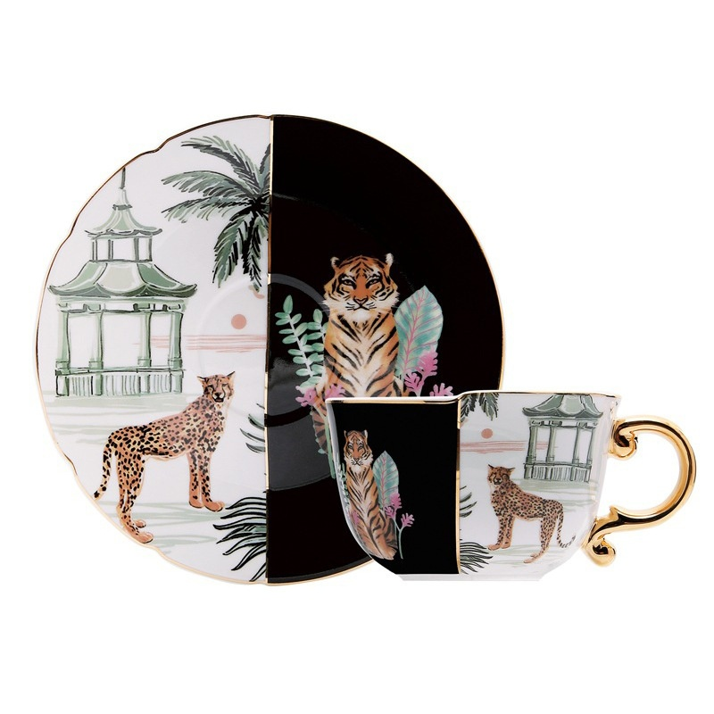 ヨーロピアン金彩ブルー＆ホワイトレトロ高級陶器コーヒーカップ＆ソーサーセット