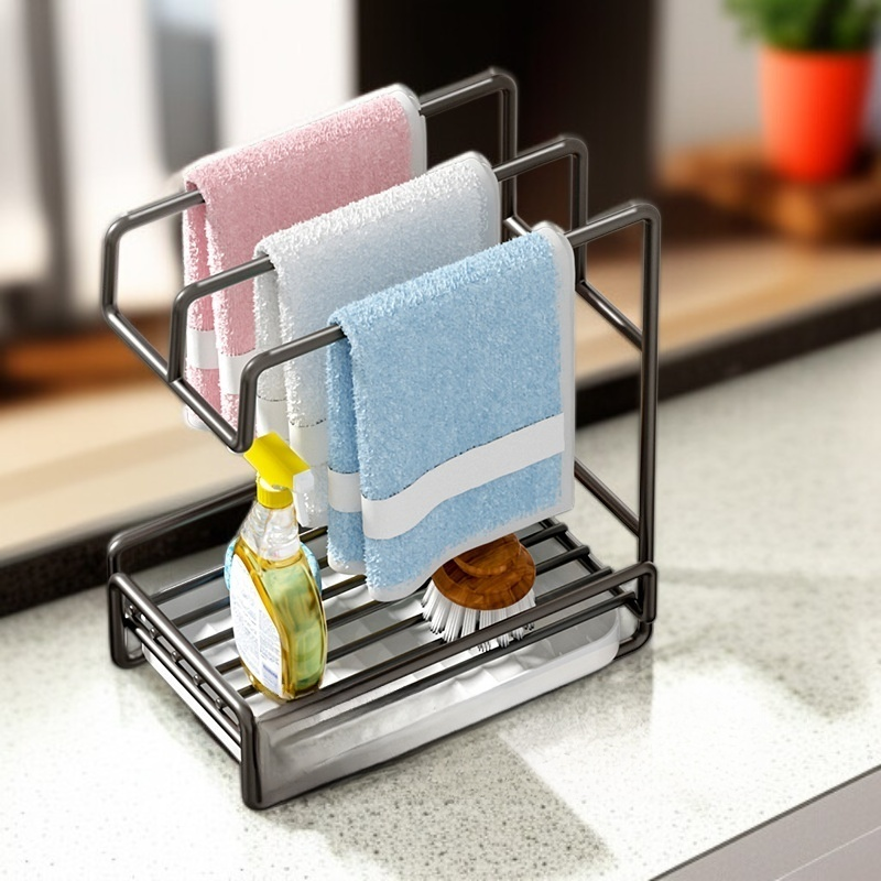 ที่วางของอเนกประสงค์สแตนเลสสำหรับก๊อกน้ำในครัว พร้อมลูกบอลลวดและผ้าเช็ดจาน