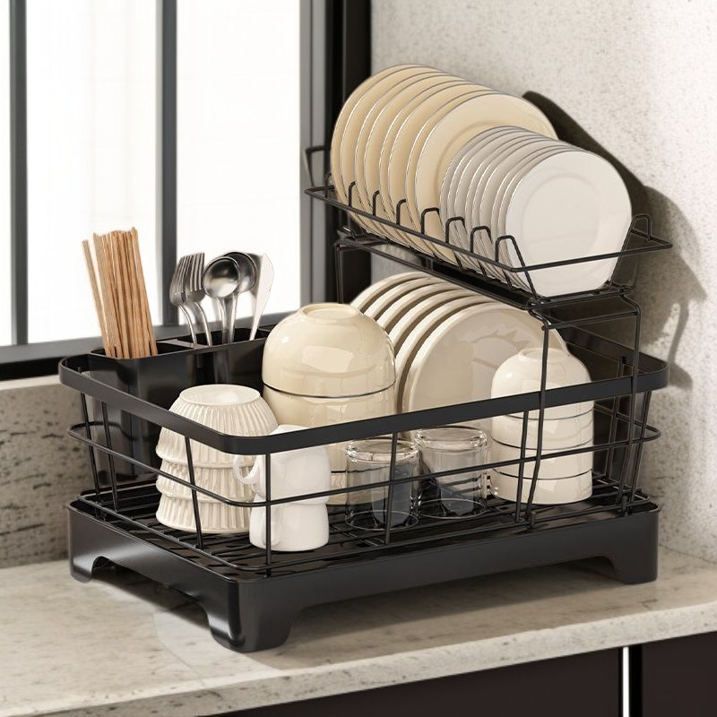 물빠짐 그릇 선반 가정용 탄소강 그릇 수납 선반 주방 선반 수저통 2단 그릇 선반 물빠짐 선반
