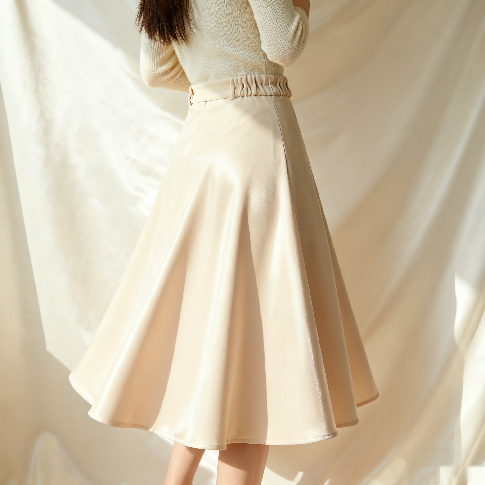 베이지 우아한 하이웨스트 미디 스커트