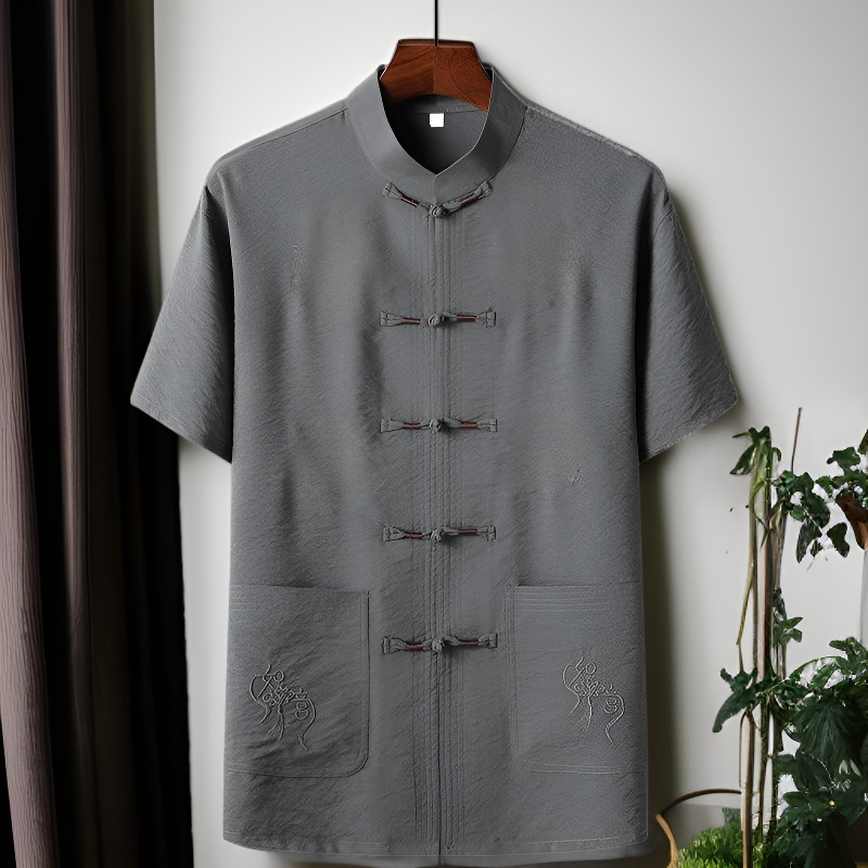 中国風中高年男性用唐装コットンリネン半袖セット
