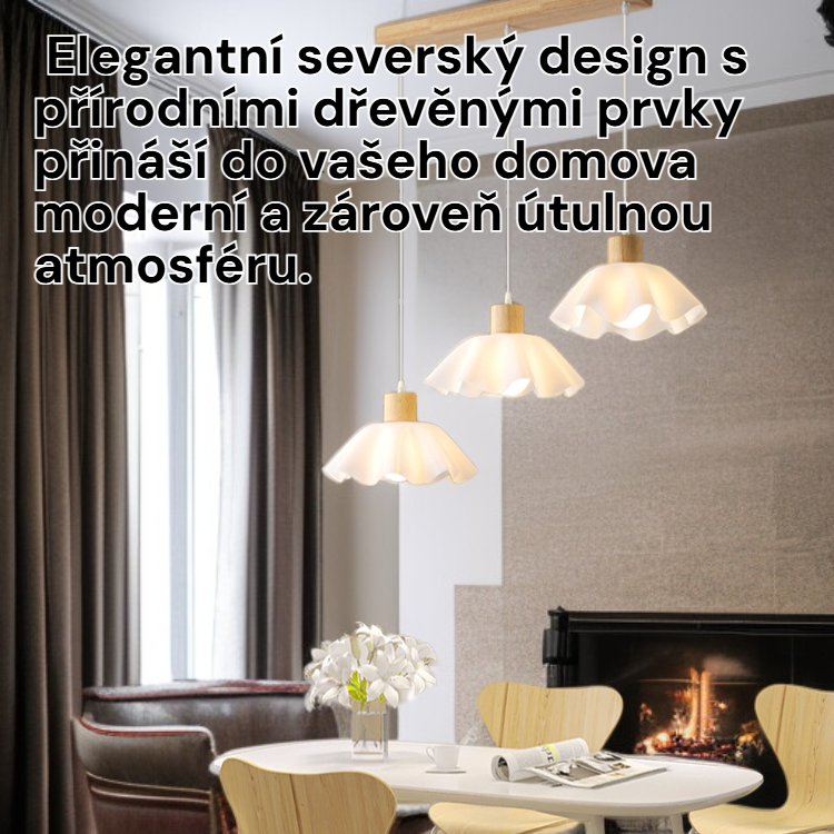 Nordické dřevěné závěsné svítidlo nad jídelní stůl, tři hlavy, moderní japonský styl wabi-sabi