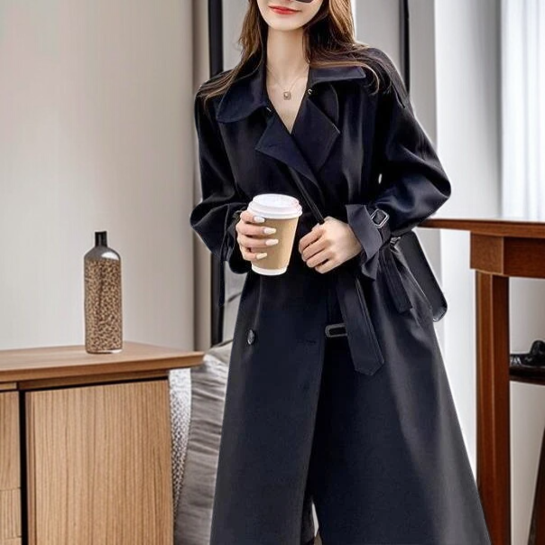 여성 가을 가볍고 럭셔리한 주름 롱 트렌치코트 영원한 무릎에 무릎까지 오는 무릎 트렌치코트 날씬해 보이는 하프 트렌치코트