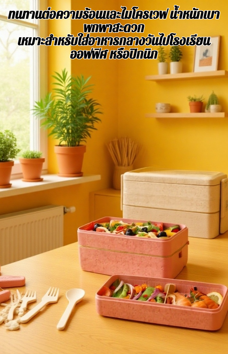 กล่องอาหารกลางวัน 3 ชั้น สไตล์ญี่ปุ่น ทำจากฟางข้าวสาลี