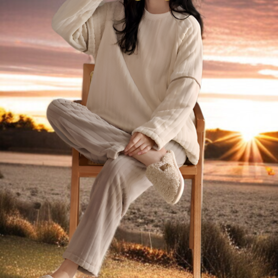 R-パジャマ レディース 冬用 コーラルフリース ラウンドネック プルオーバー プラス ベルベット 厚手 防寒 暖かい フランネル ホームウェア スーツ 秋冬