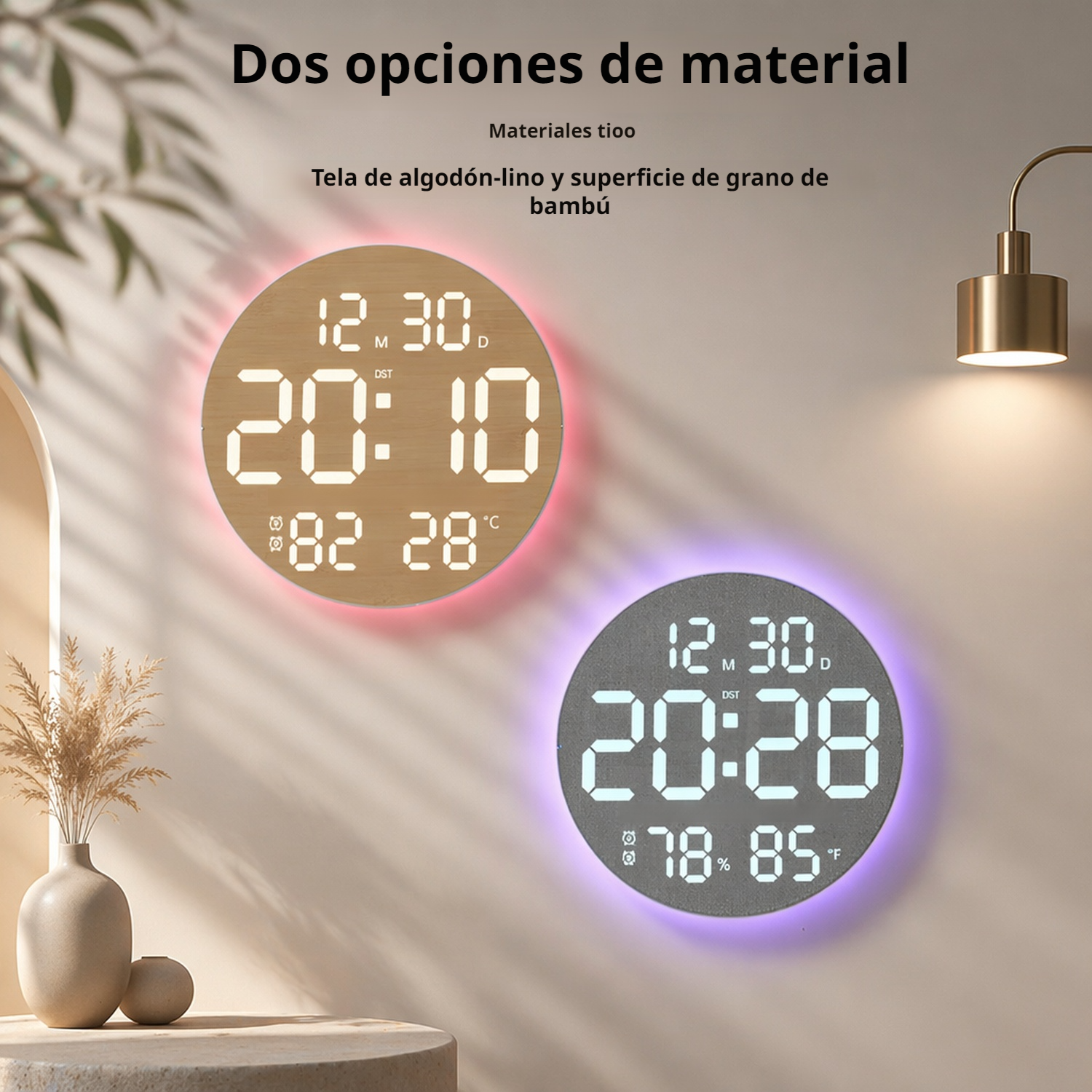 Reloj de pared LED moderno, textura cálida de madera/tela, efecto de luz ambiental