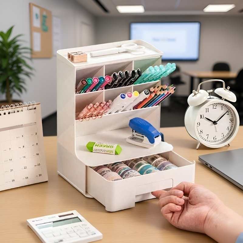 Organizador compacto para cosméticos y material de oficina