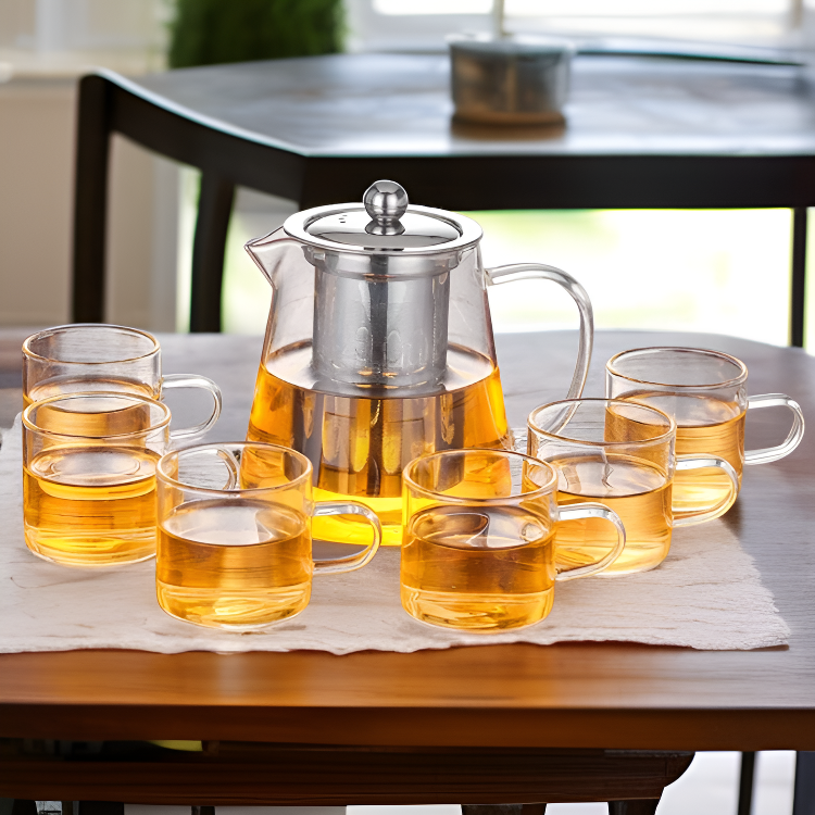二重ガラスティーカップセット6点入り ギフト用に最適 ポットとカップすべて含む