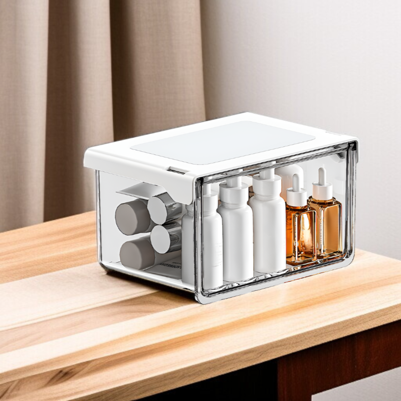 33°の傾斜角度で出し入れしやすいテーブル下収納ボックス。シンプルで透明な引き出し式で、オフィス、トイレ、洗面台、バスルームなどに最適な防水収納ボックスです。