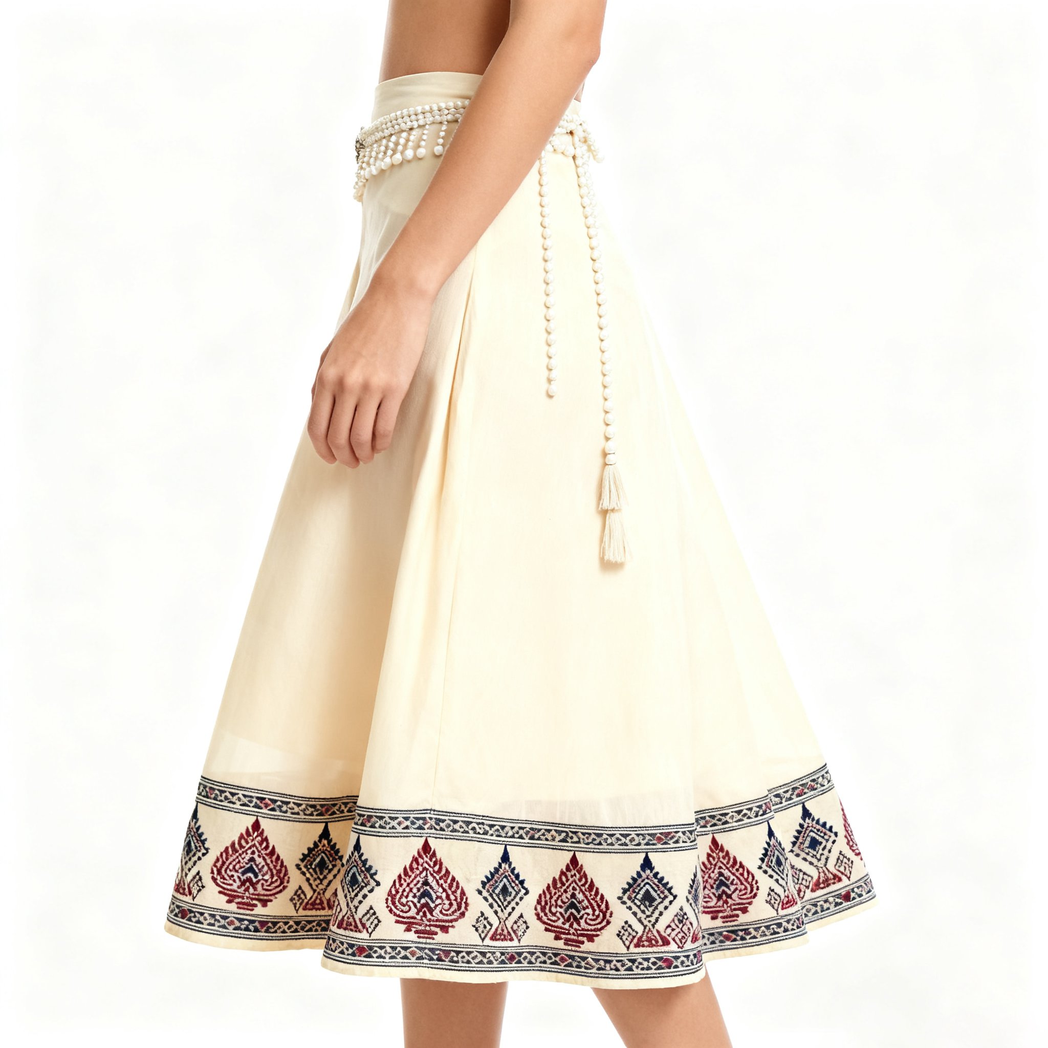 กระโปรงแฟชั่นเอวสูงประดับไข่มุกพร้อมสายเข็มขัด