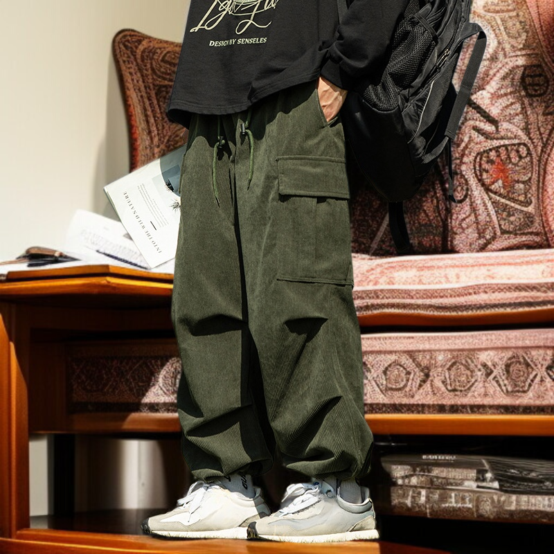 カップル秋冬コーデュロイストレートワイドパンツパンツメンズカジュアルワークパンツアーミーグリーンワイドパンツ