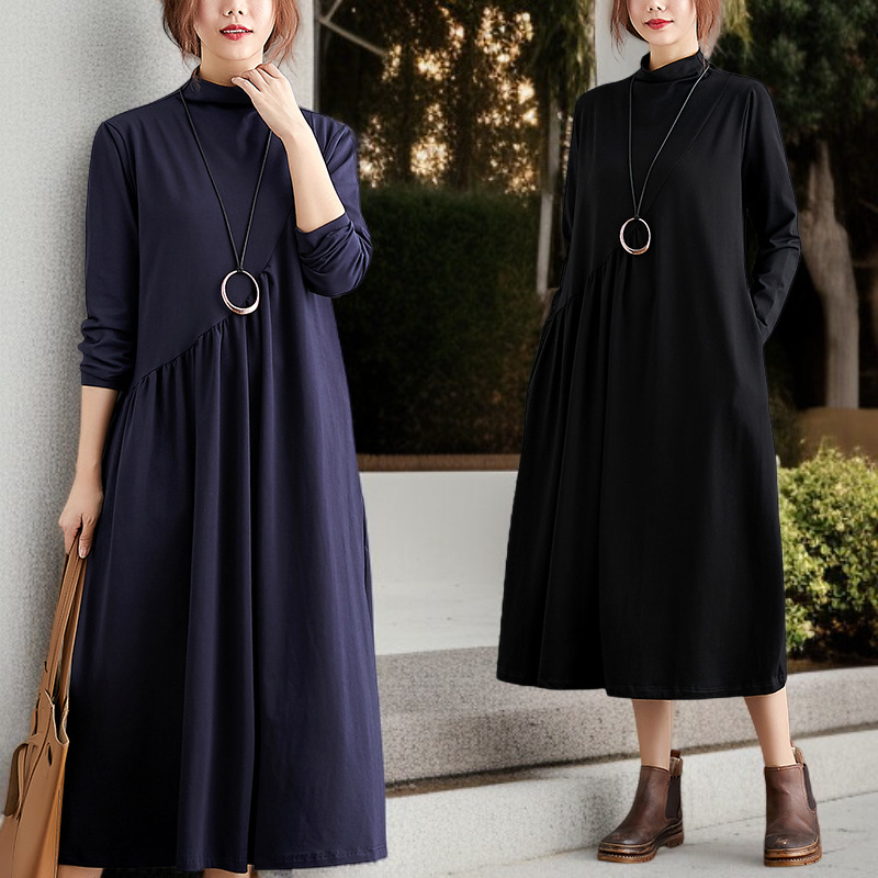 文学的なレトロなルーズコットンドレスレディースドレスハーフハイネックボトムドレスハーフハイネックルーズコットンレディースドレスドレス