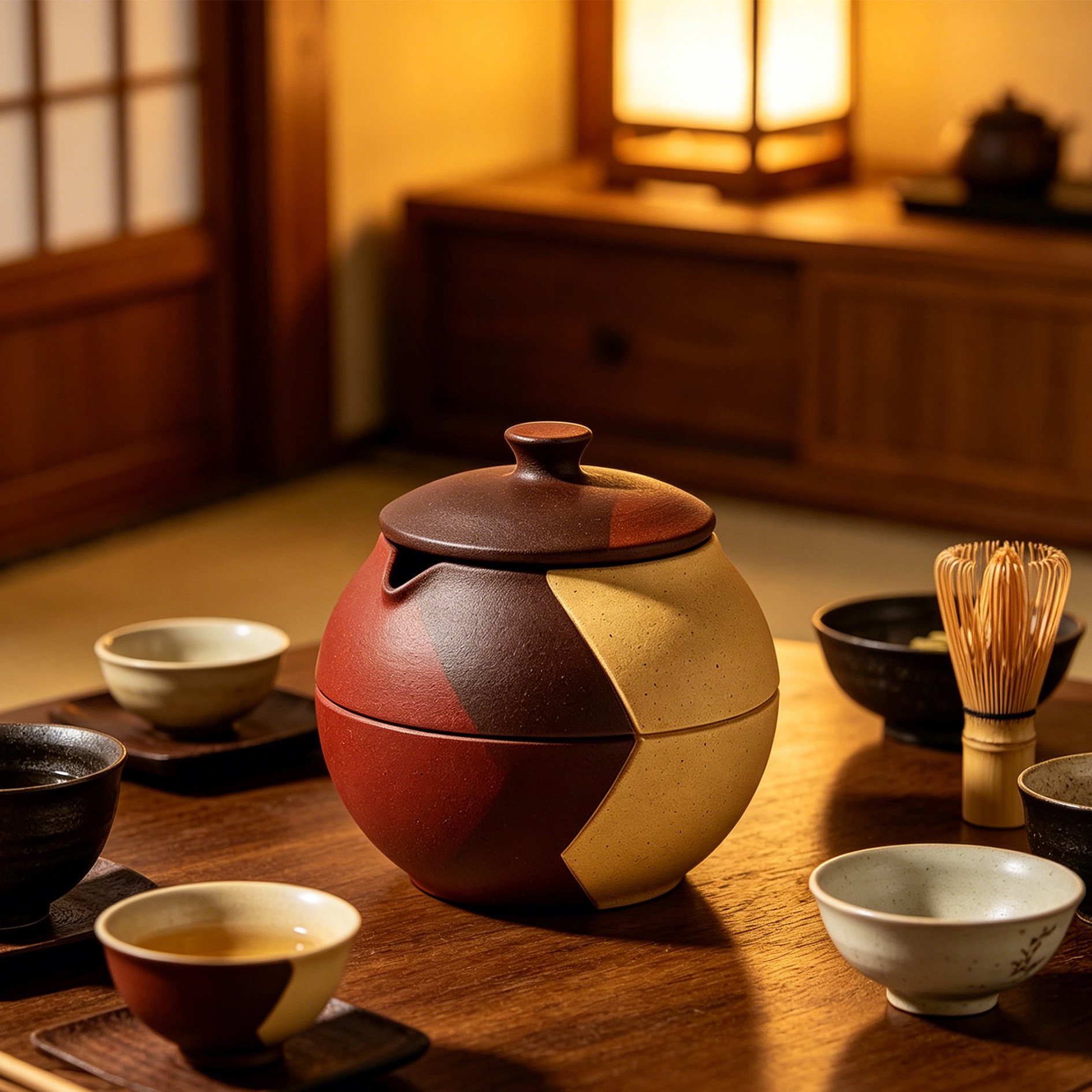 Yixing teapot set with traditional Chinese tea cups