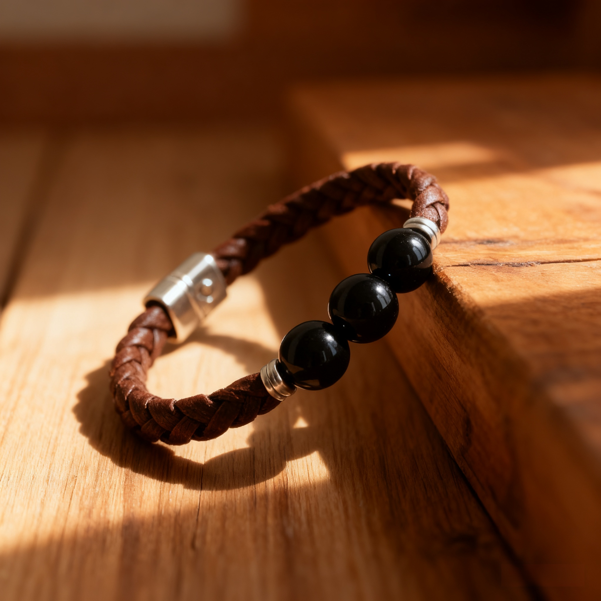 트렌디 흑요석 가죽 액세서리 팔찌