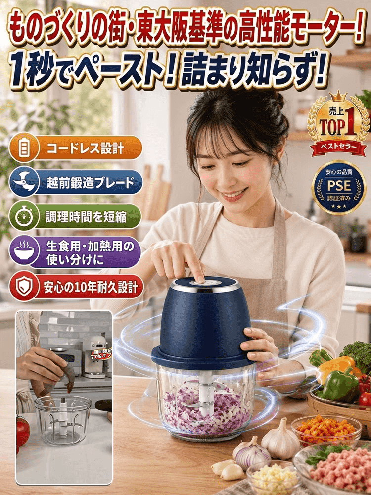コードレスで持ち運び便利な軽量ミニフードプロセッサー