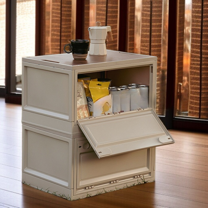 大型プラスチック収納ボックス アウトドア用 木製フタ・プーリー付き