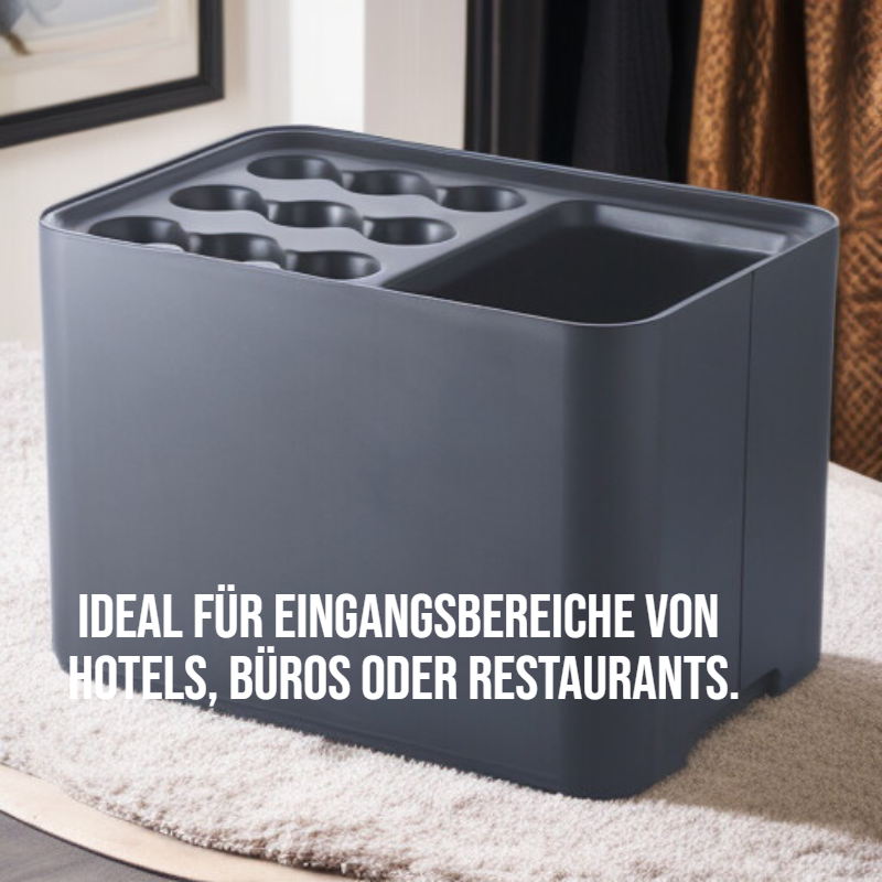 ：Moderner Regenschirmhalter mit Stiefelfach und offener Ablage