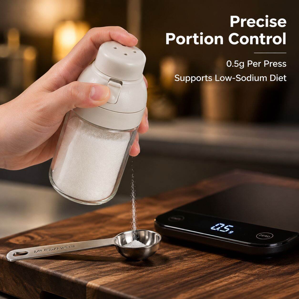 Salt-Control Measuring Dispenser - Sealed Glass Spice Jar