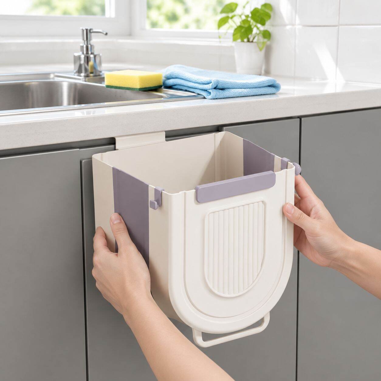 Cubo de basura plegable para cocina, de pared y sin taladrar