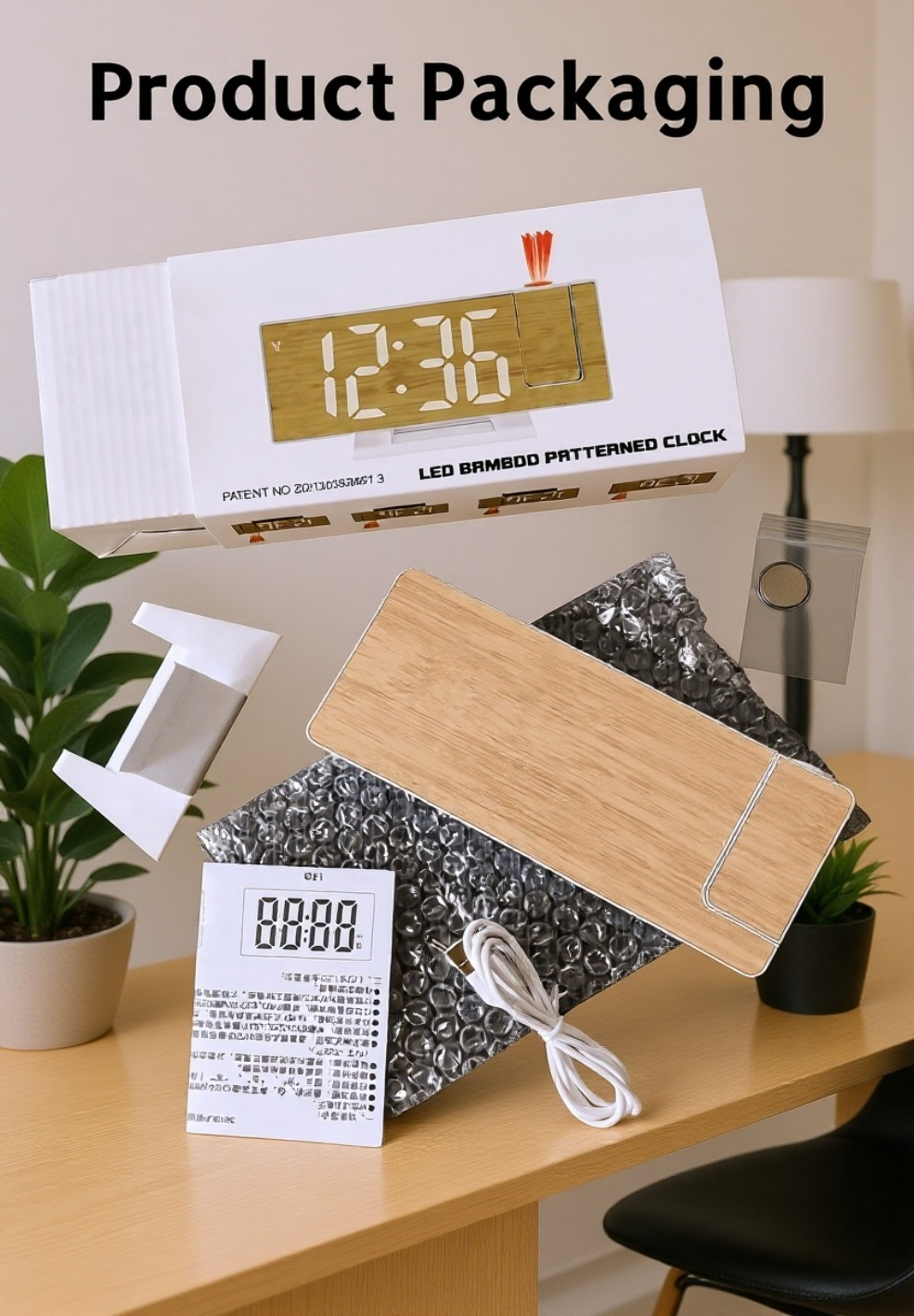Wooden electronic clock showing humidity and temperature readings