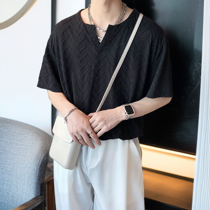 헤어스타일리스트 여름 루즈핏 반팔 티 텍스처 브이넥 반팔 티 셔링 캐주얼 티셔츠
