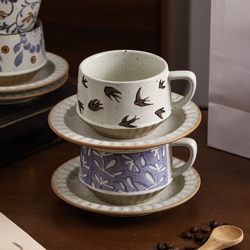  Retro Ceramic Coffee Cup and Saucer Set – Rustic Latte Art Mug