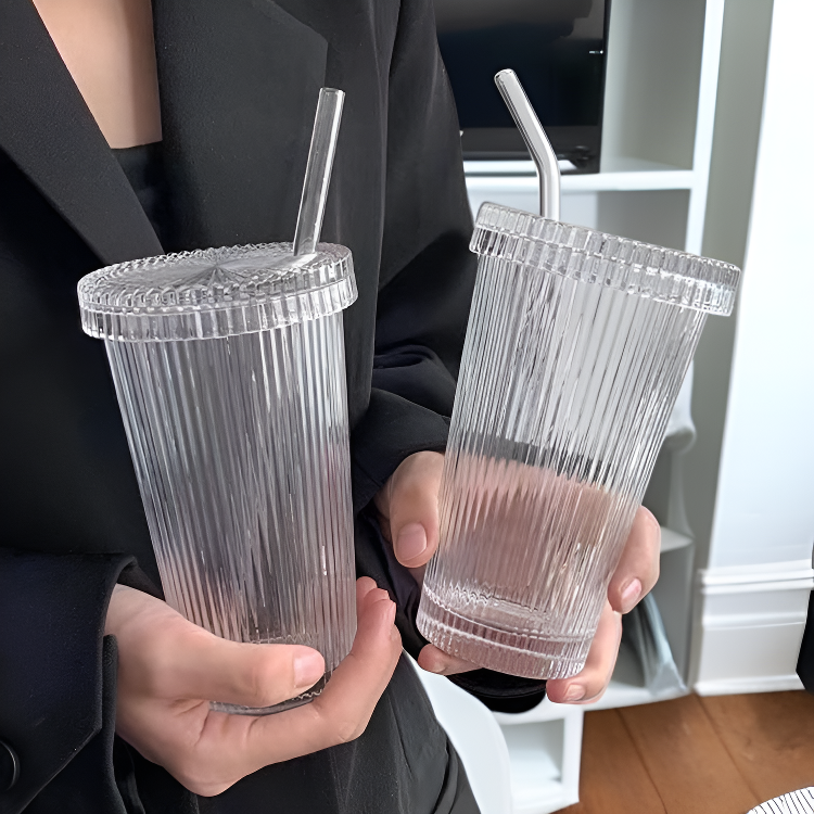 時尚帶蓋吸管豎條紋水杯奶咖飲品杯