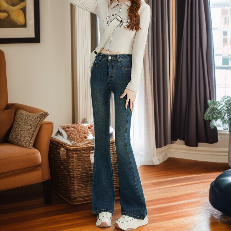 小さめハイウエストワイドジーンズ女性春春スリム細めマイクロフレアワイドパンツ