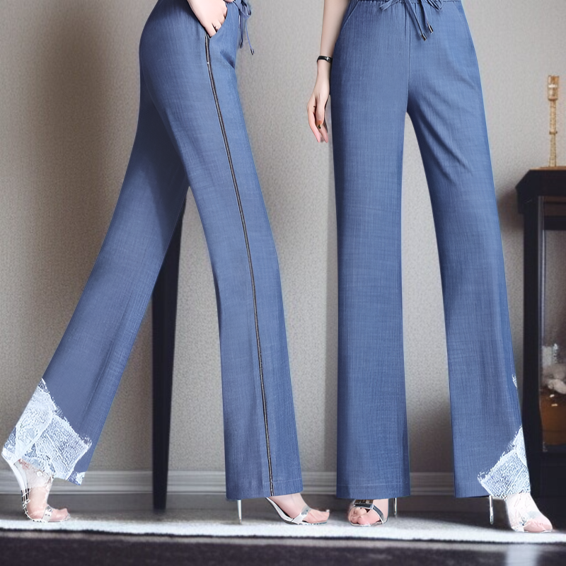 テンセルジーンズ 夏 レディース ハイウエスト ジーンズ 伸縮性 ソフト ジーンズ 伸縮性ウエスト ワイドレッグパンツ 中高年 プラスサイズ パンツ