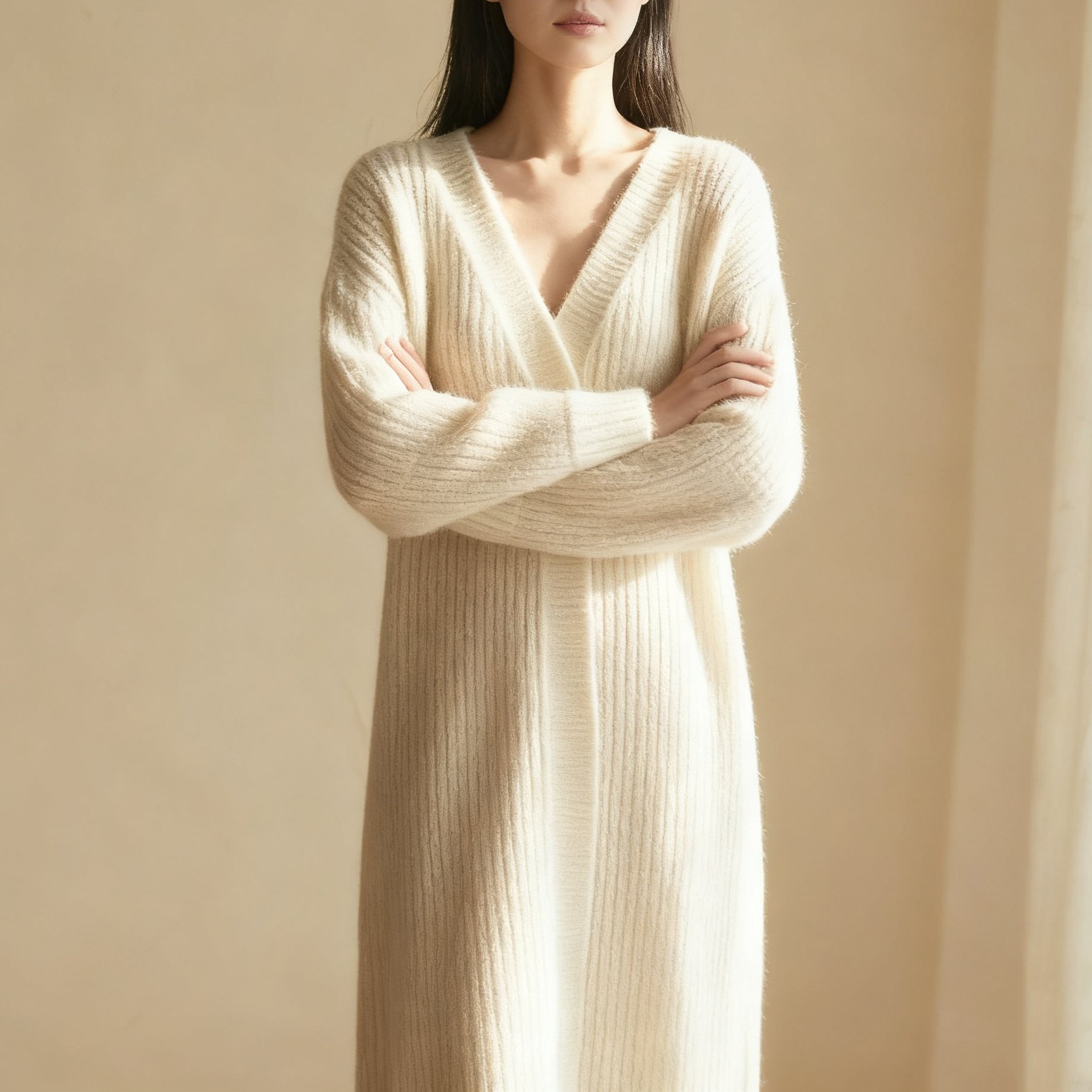 여성용 깊은 브이넥 니트 원피스