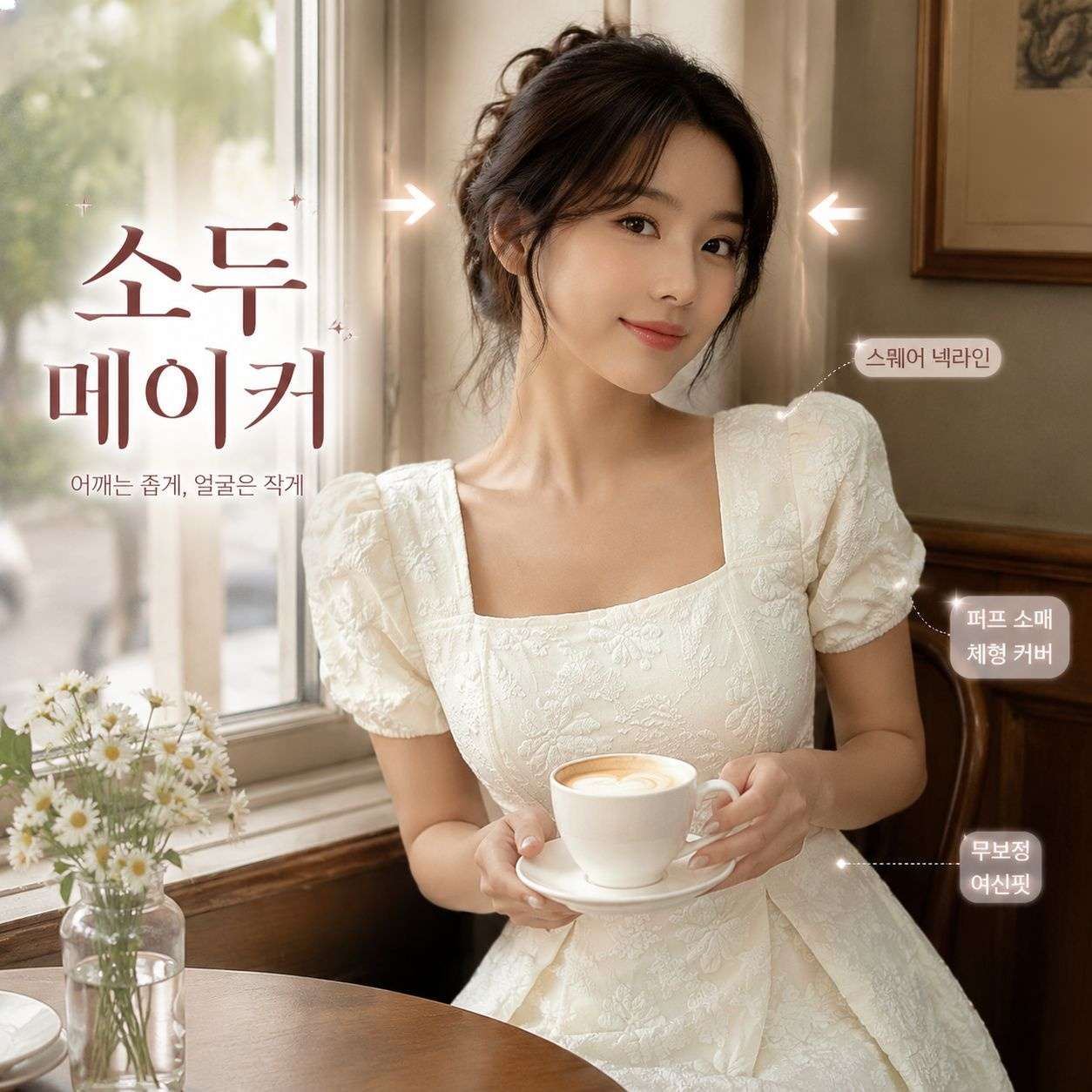 여성 스퀘어넥 자카드 솔리드 퍼프 A라인 원피스