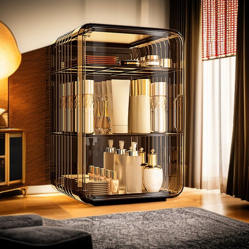 Transparent acrylic lipstick and facial mask organizer on vanity